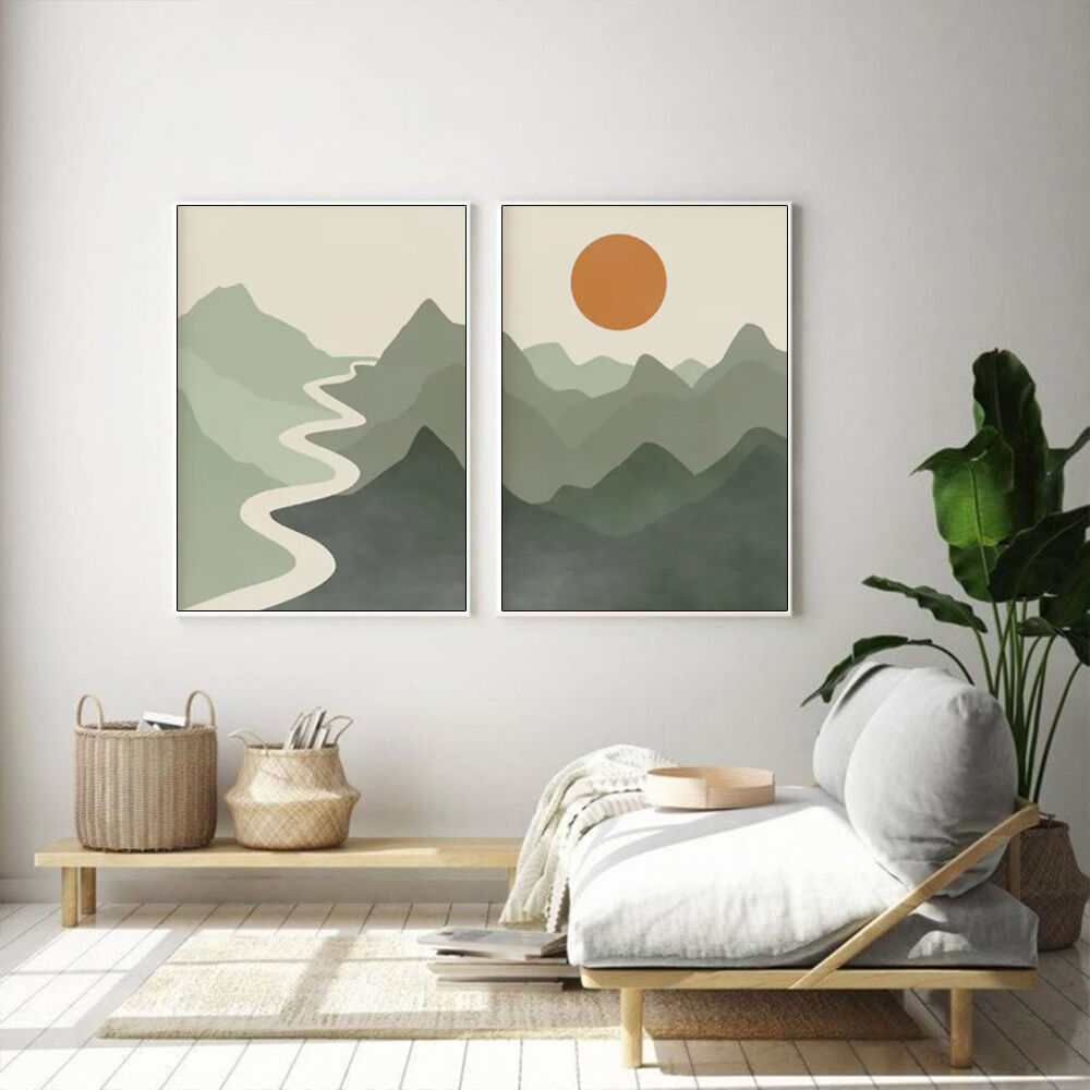 Sage Green River Mountain 2 Sets White Frame Canvas Wall Art Sage Green River Mountain 2 Sets White Frame Canvas Wall Art