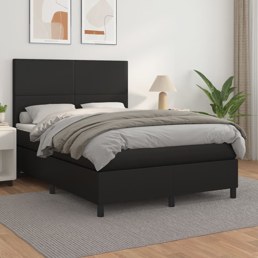 Box Spring Bed with Mattress Black Faux Leather Box Spring Bed with Mattress Black Faux Leather