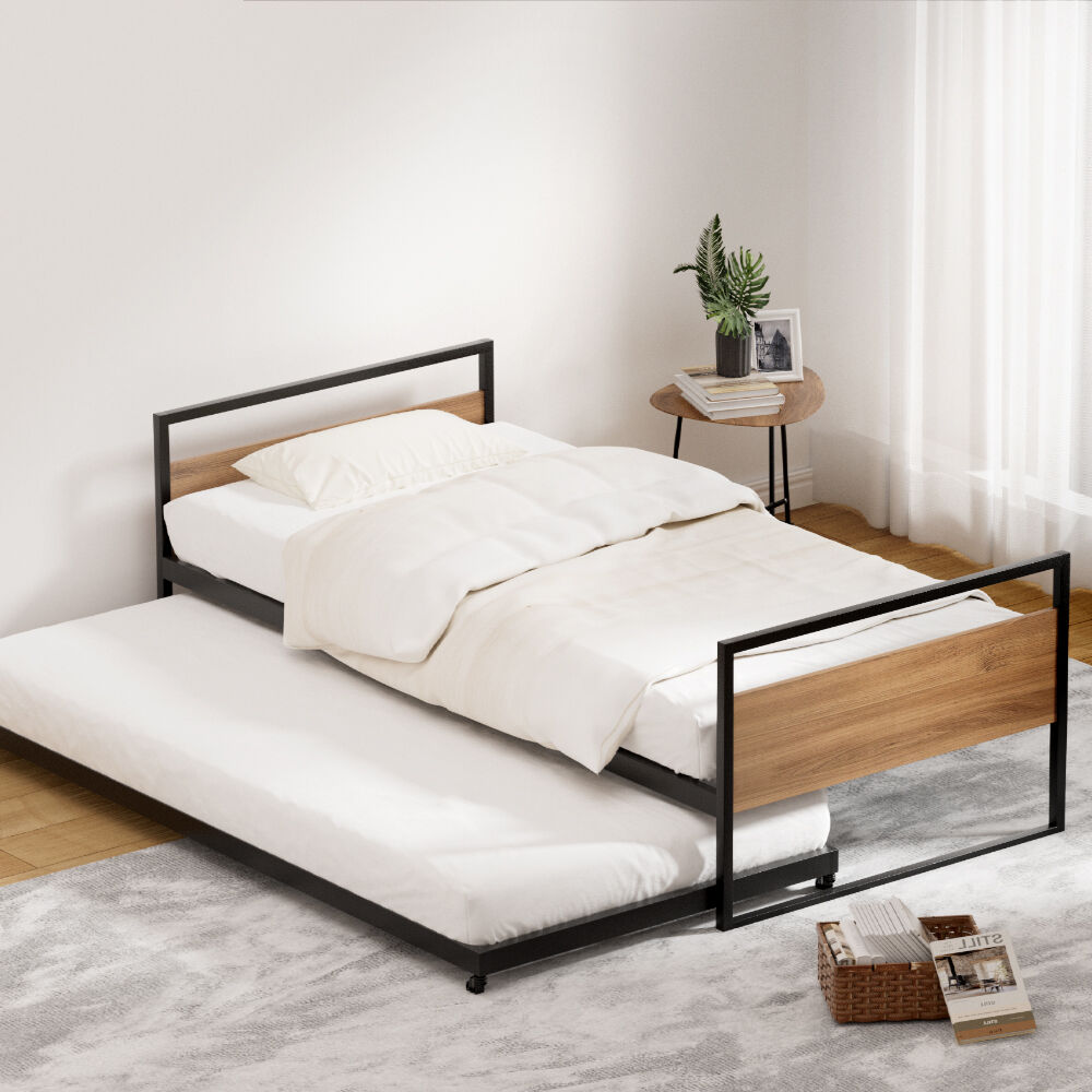 Artiss Bed Frame 2x Single Size Metal Trundle Daybed DEAN Artiss Bed Frame 2x Single Size Metal Trundle Daybed DEAN