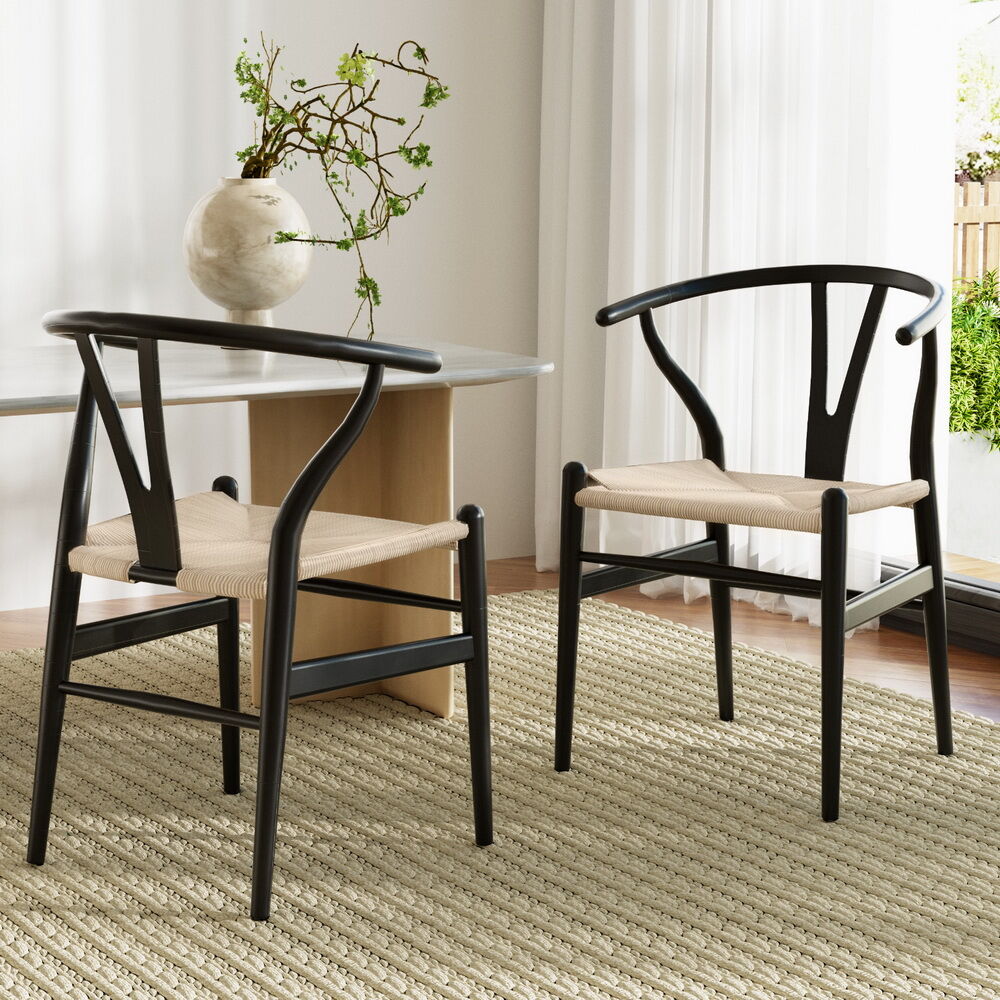 1 Set of 2 Artiss Dining Chairs Wooden Rattan Wishbone Black 1 Set of 2 Artiss Dining Chairs Wooden Rattan Wishbone Black
