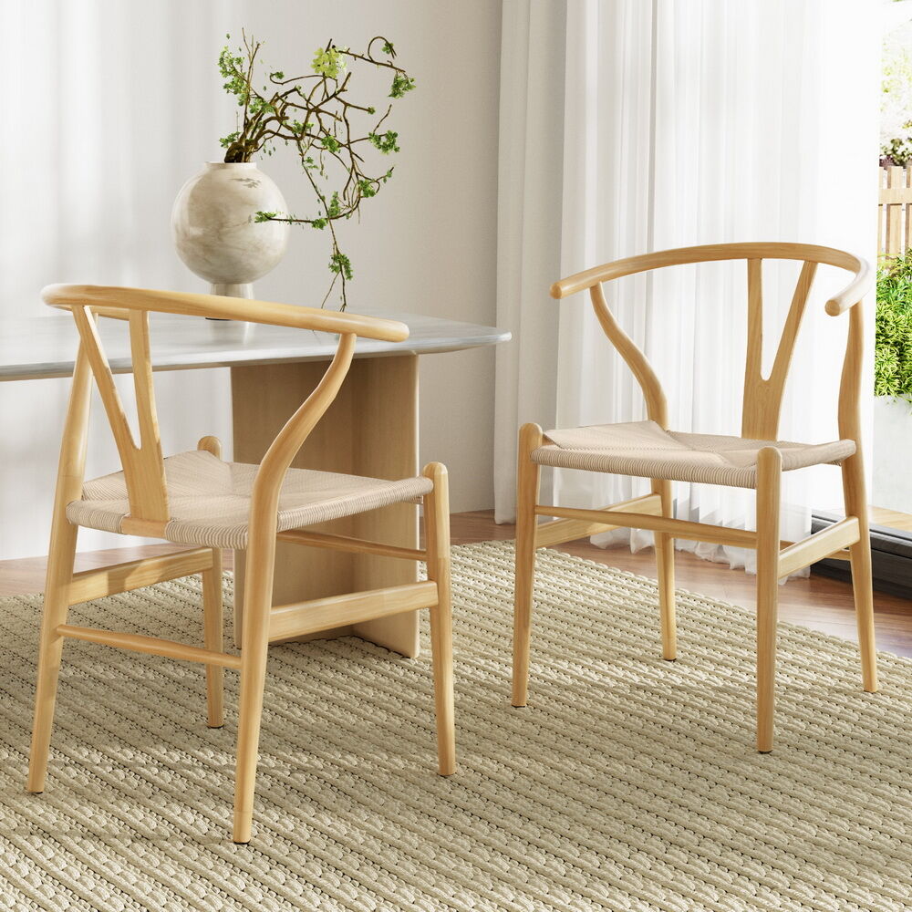 1 Set of 2 Artiss Dining Chairs Wooden Rattan Seat Wishbone Back 1 Set of 2 Artiss Dining Chairs Wooden Rattan Seat Wishbone Back