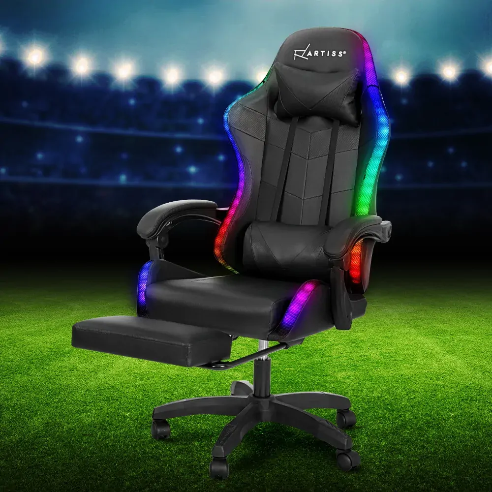 6 Point Massage Gaming Office Chair 7 LED Footrest Black 6 Point Massage Gaming Office Chair 7 LED Footrest Black