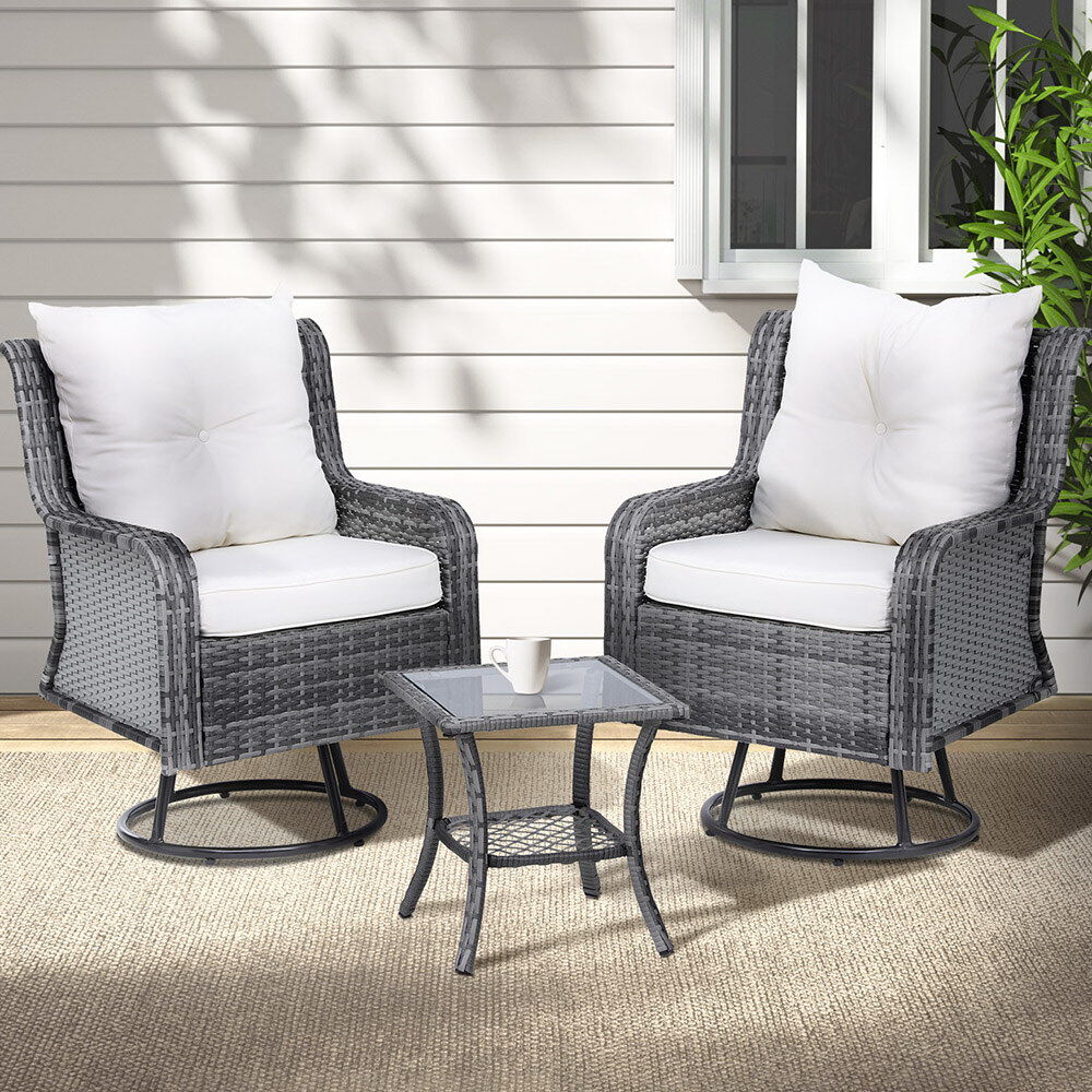 Gardeon 3PC Outdoor Furniture Bistro Set Lounge Wicker Swivel Chairs Table Cushion Grey Gardeon 3PC Outdoor Furniture Bistro Set Lounge Wicker Swivel Chairs Table Cushion Grey