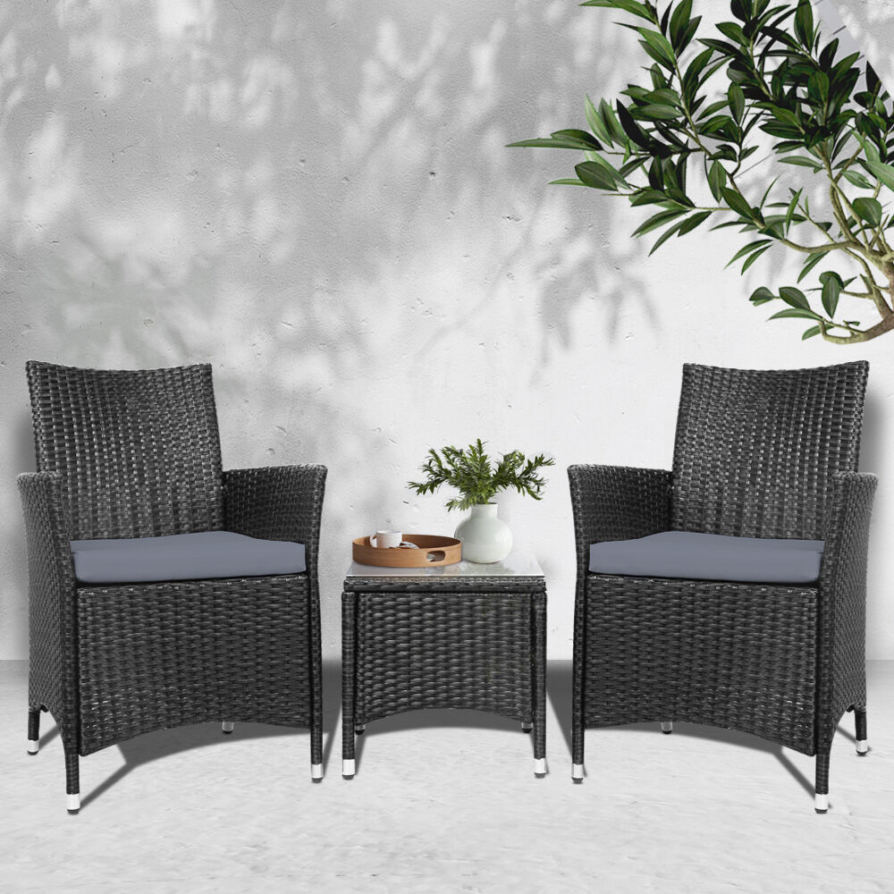 Gardeon 3PC Outdoor Bistro Set Patio Furniture Wicker Setting Chairs Table Cushion Black Gardeon 3PC Outdoor Bistro Set Patio Furniture Wicker Setting Chairs Table Cushion Black