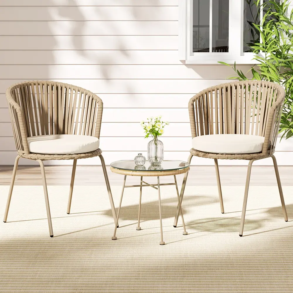 3PC Outdoor Bistro Set Patio Furniture Rope Setting Chairs Table Beige 3PC Outdoor Bistro Set Patio Furniture Rope Setting Chairs Table Beige