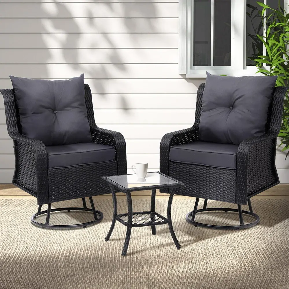 Gardeon 3PC Outdoor Furniture Bistro Set Lounge Wicker Swivel Chairs Table Cushion Black Gardeon 3PC Outdoor Furniture Bistro Set Lounge Wicker Swivel Chairs Table Cushion Black