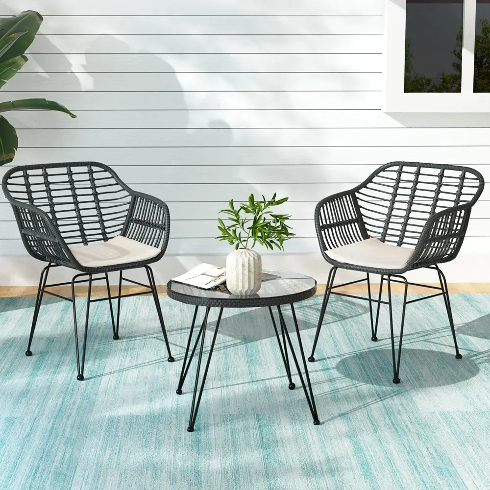3PC Outdoor Furniture Bistro Set Lounge Setting Table Chairs Cushion Patio Grey 3PC Outdoor Furniture Bistro Set Lounge Setting Table Chairs Cushion Patio Grey