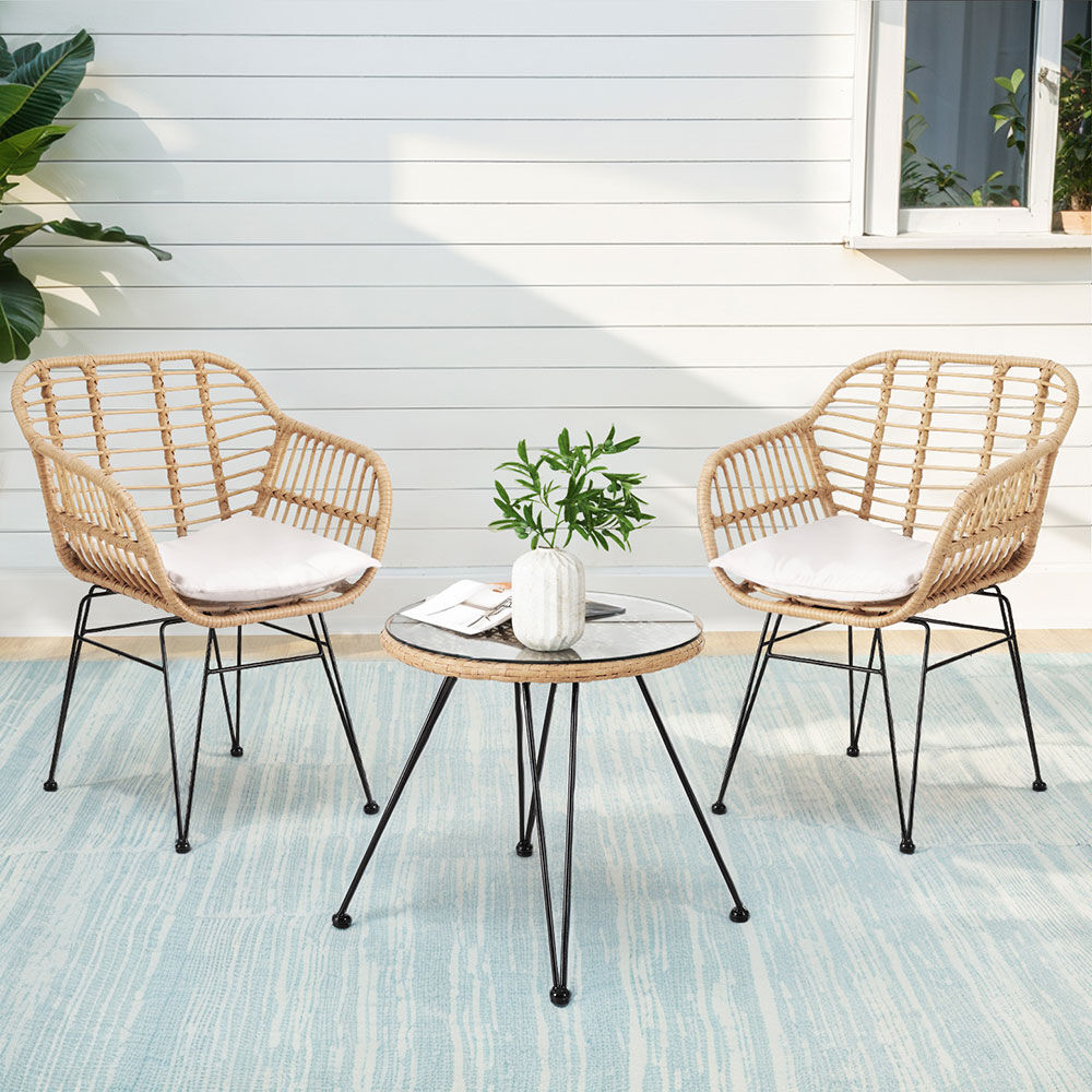 Gardeon 3PC Outdoor Furniture Bistro Set Lounge Setting Table Chairs Cushion Patio Grey Gardeon 3PC Outdoor Furniture Bistro Set Lounge Setting Table Chairs Cushion Patio Grey