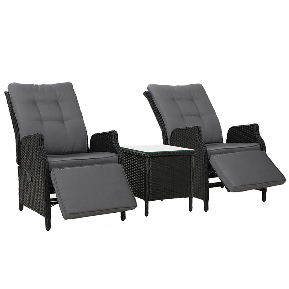 Gardeon 3PC Recliner Chairs Table Sun lounge Outdoor Furniture Wicker Adjustable Black Gardeon 3PC Recliner Chairs Table Sun lounge Outdoor Furniture Wicker Adjustable Black
