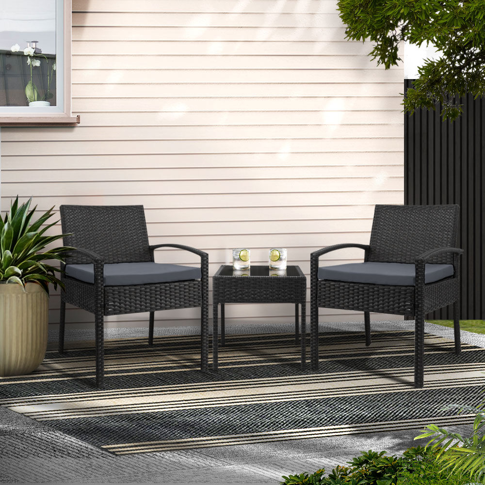 Gardeon 3PC Patio Furniture Bistro Set Wicker Outdoor Lounge Setting Black Gardeon 3PC Patio Furniture Bistro Set Wicker Outdoor Lounge Setting Black
