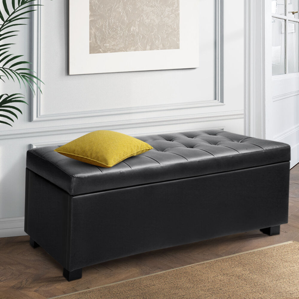 Artiss Storage Ottoman Blanket Box 97cm Leather Black Artiss Storage Ottoman Blanket Box 97cm Leather Black