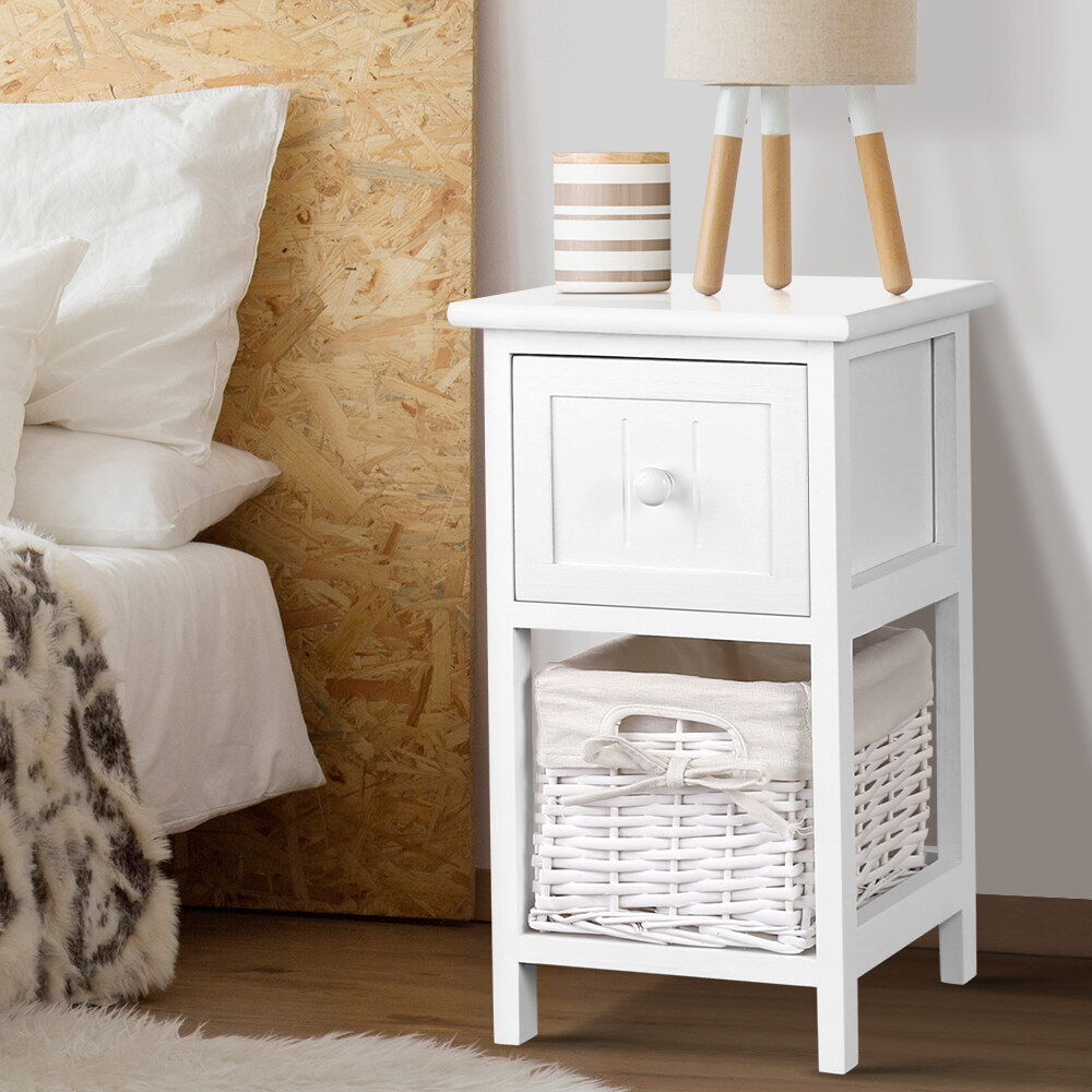 Bedside Table 1 Drawer with Basket Rustic White X2 Bedside Table 1 Drawer with Basket Rustic White X2