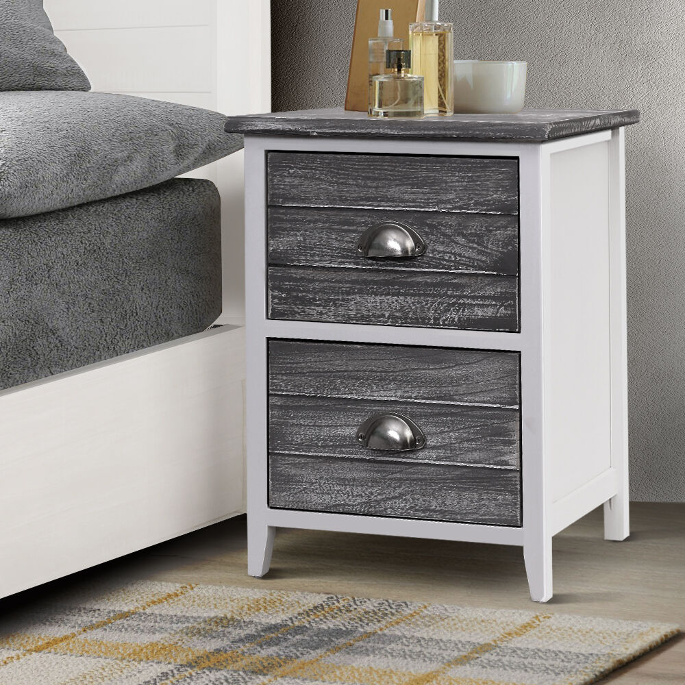 Artiss Bedside Table 2 Drawers Vintage X2 - THYME Grey Artiss Bedside Table 2 Drawers Vintage X2 - THYME Grey