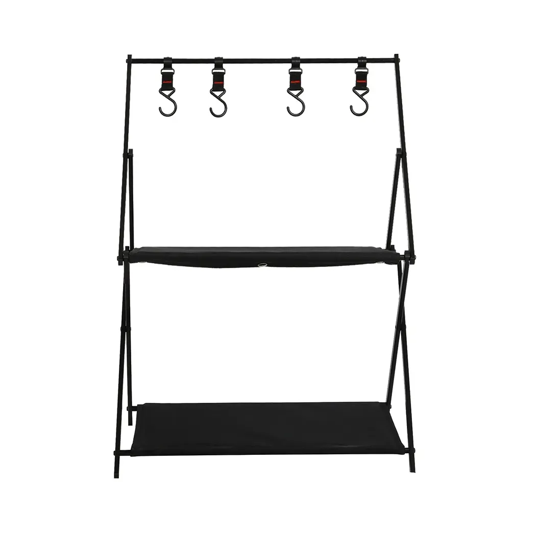 Foldable Camping Storage Shelves 2 Layer with Hooks Black Foldable Camping Storage Shelves 2 Layer with Hooks Black