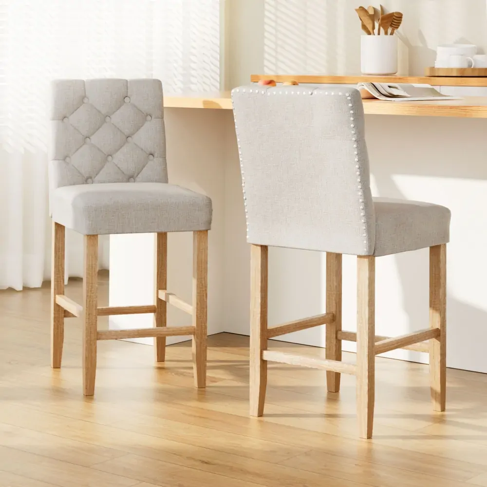 2x Bar Stools Linen Upholstered Chairs 2x Bar Stools Linen Upholstered Chairs