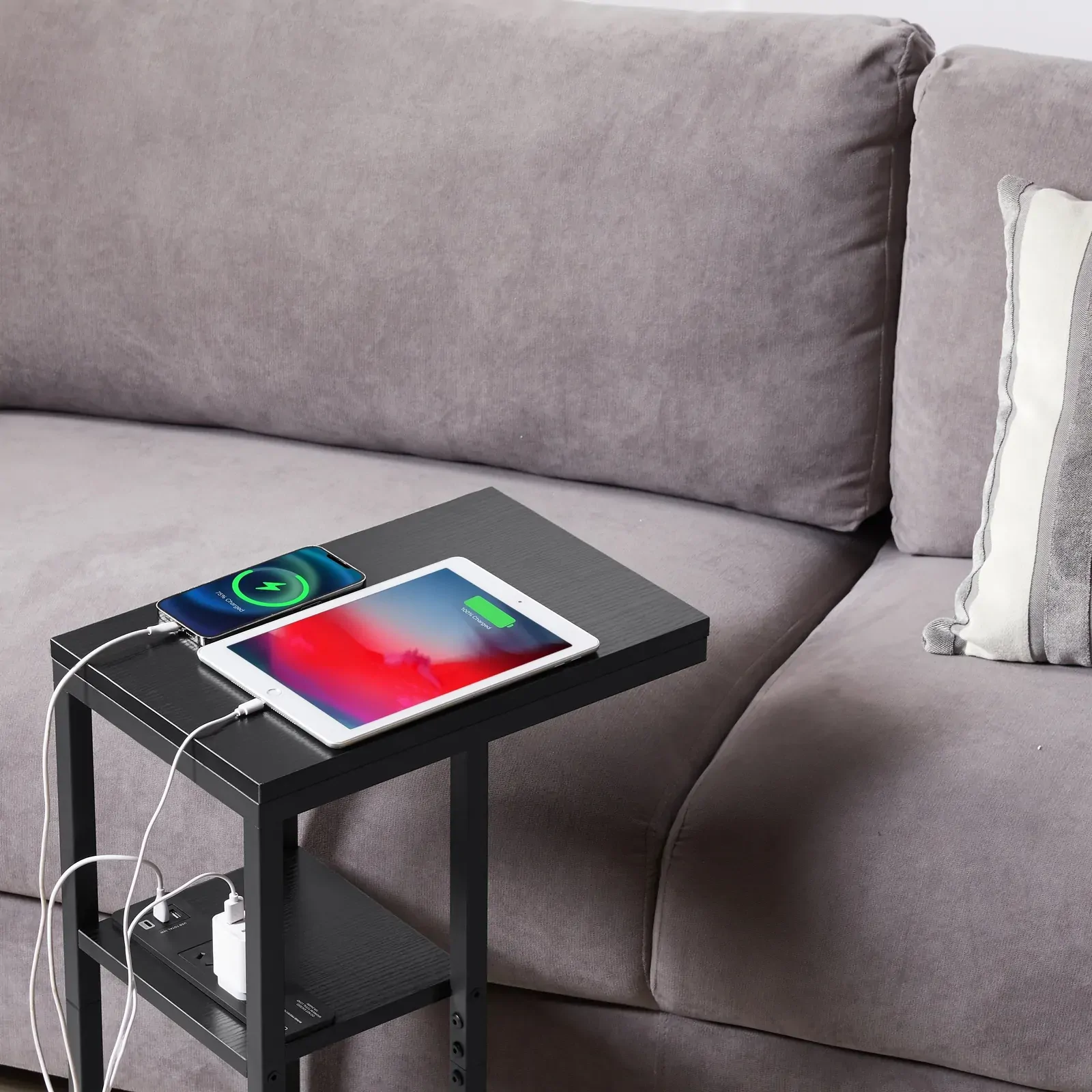 E-Shaped Sofa Side Table with Power Board, Black E-Shaped Sofa Side Table with Power Board, Black
