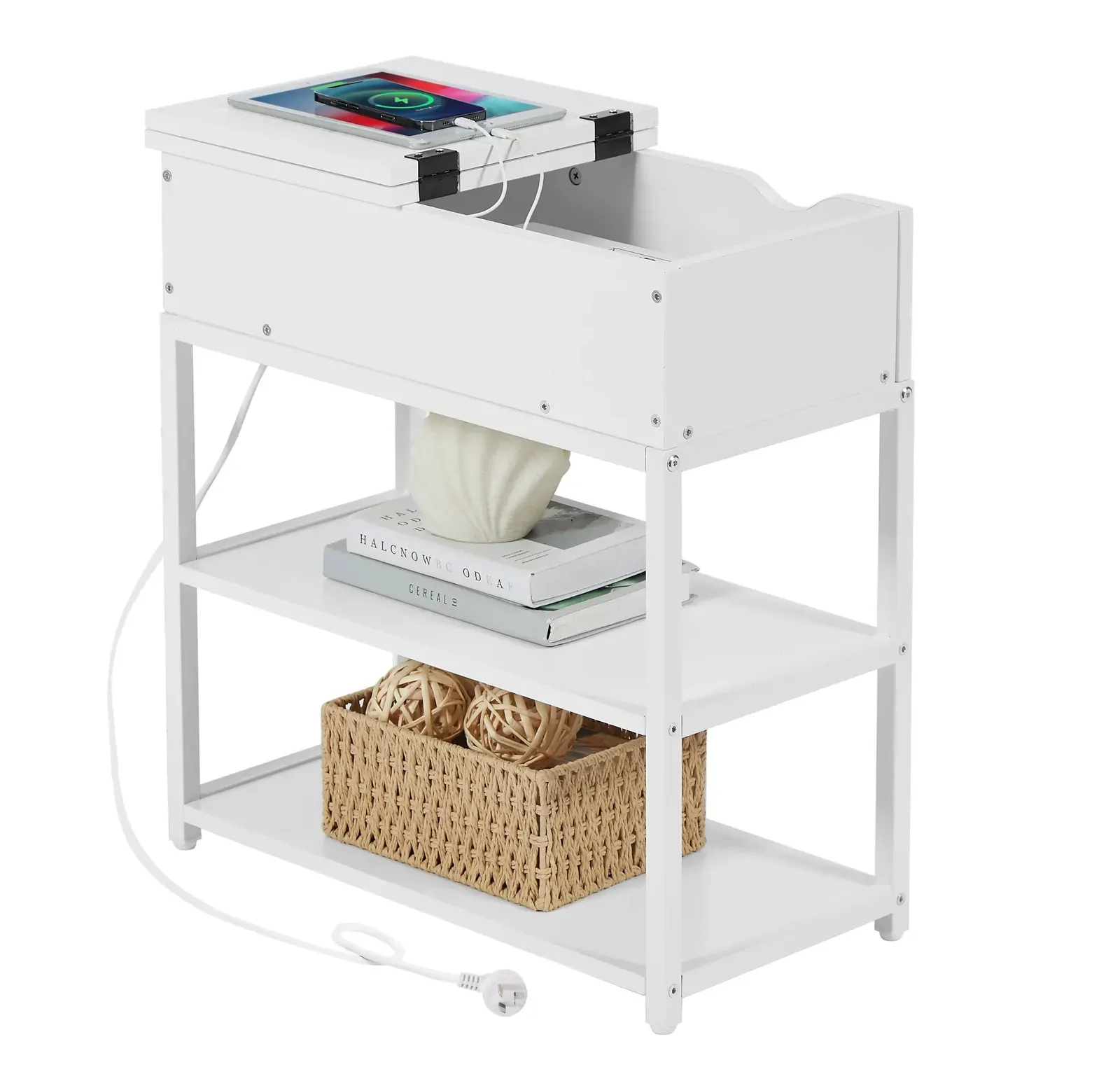 Multi-Tier Bedside Table with Powerboard, White Multi-Tier Bedside Table with Powerboard, White