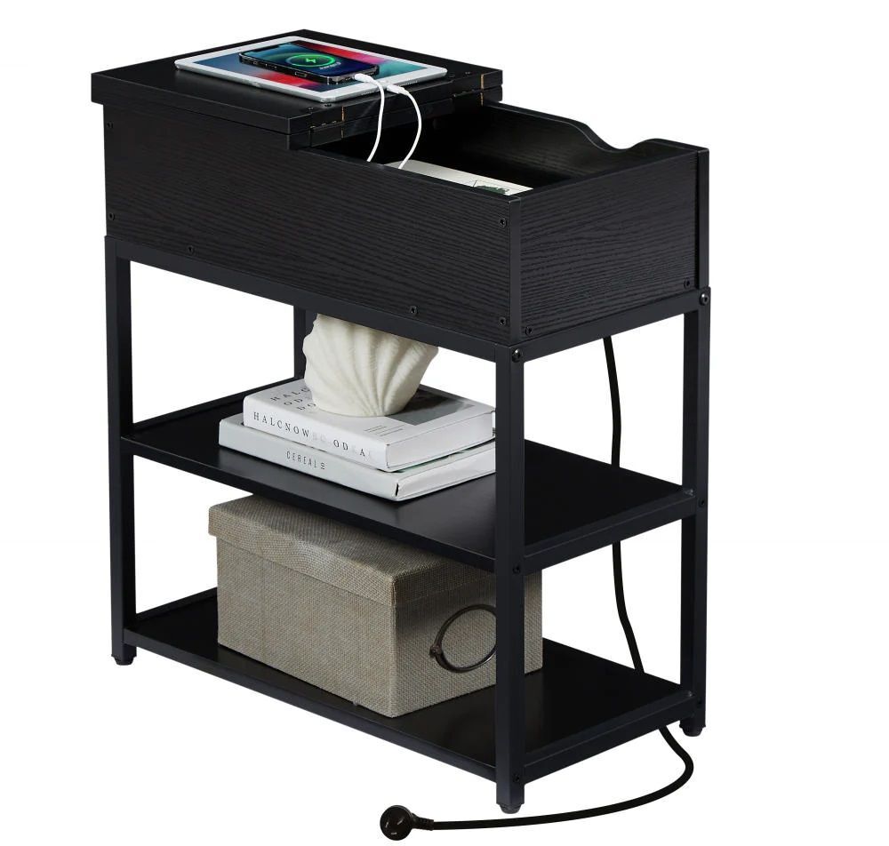 Compact 3-Tier Sofa Side Table with Powerboard, Black Compact 3-Tier Sofa Side Table with Powerboard, Black