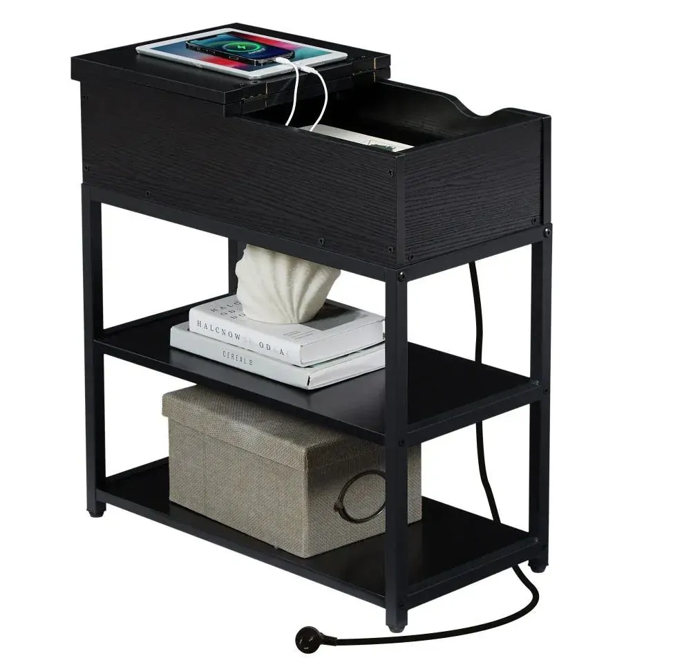 Compact 3-Tier Sofa Side Table with Powerboard, Black Compact 3-Tier Sofa Side Table with Powerboard, Black
