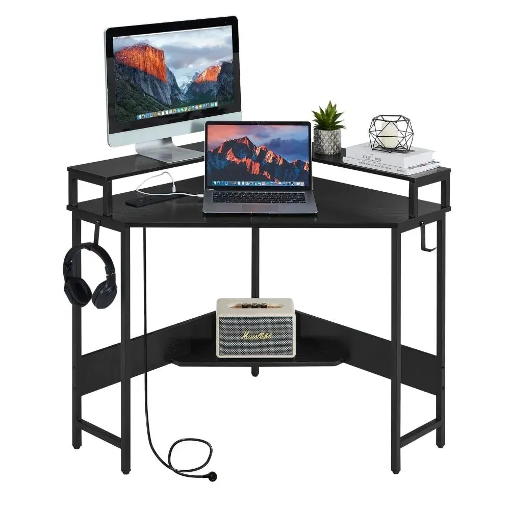 L-Shaped Desk with Built-In Charging Station, Black L-Shaped Desk with Built-In Charging Station, Black