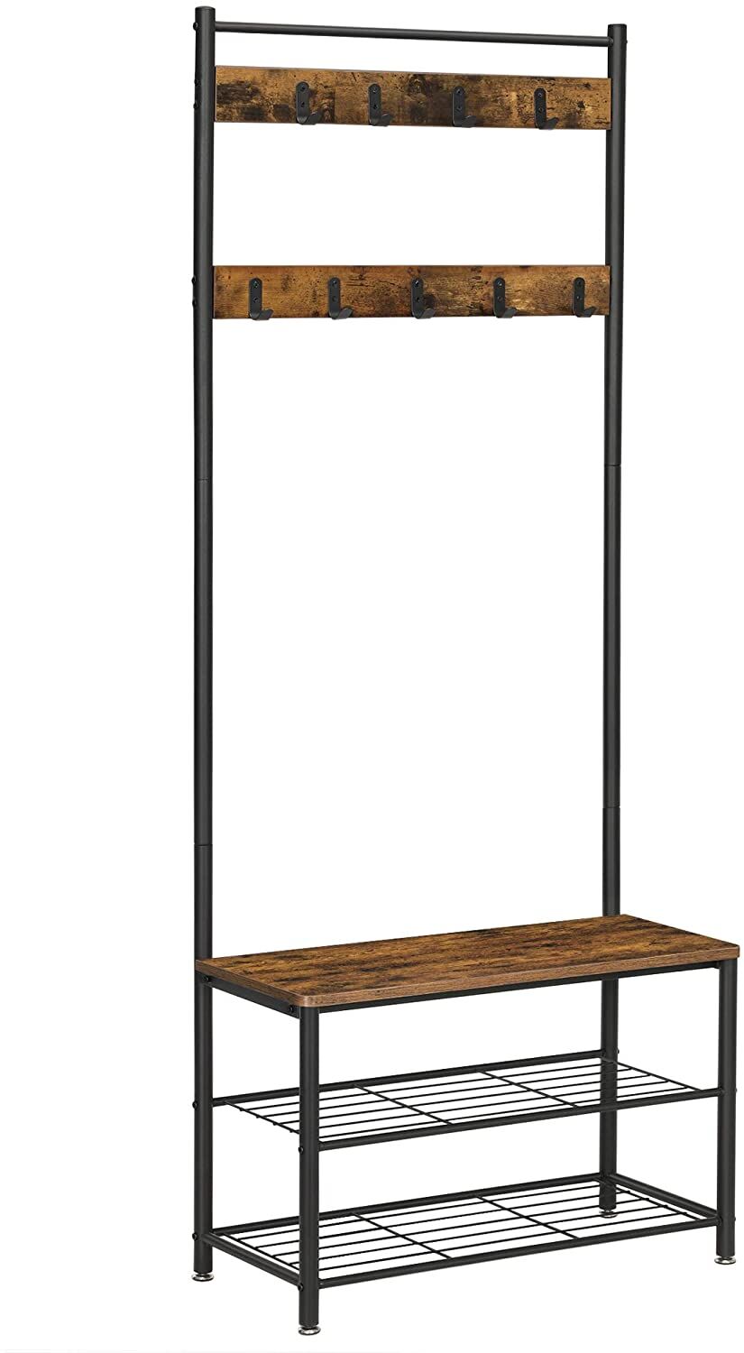 Rustic Brown Coat Rack Stand with Hallway Shoe Rack and Bench with Shelves Matte Metal Frame Height 175 cm Rustic Brown Coat Rack Stand with Hallway Shoe Rack and Bench with Shelves Matte Metal Frame Height 175 cm