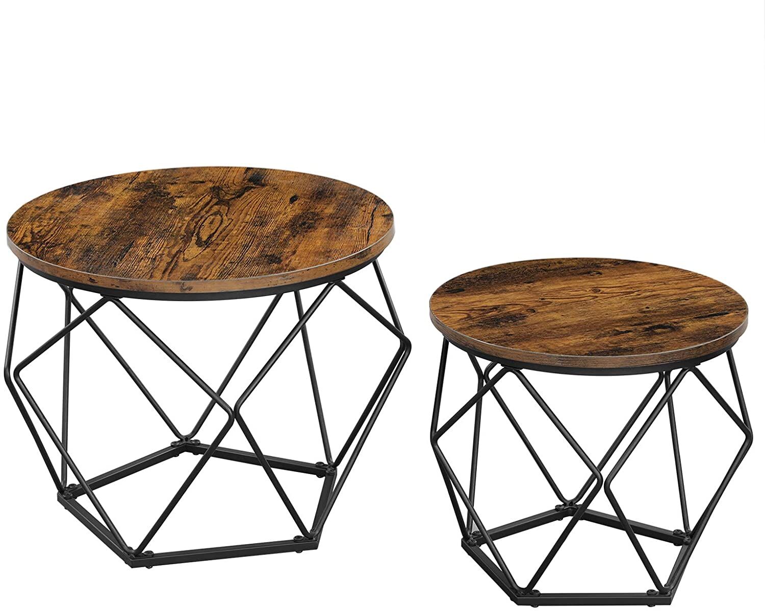 Set of 2 Side Tables Robust Steel Frame Rustic Brown and Black Set of 2 Side Tables Robust Steel Frame Rustic Brown and Black