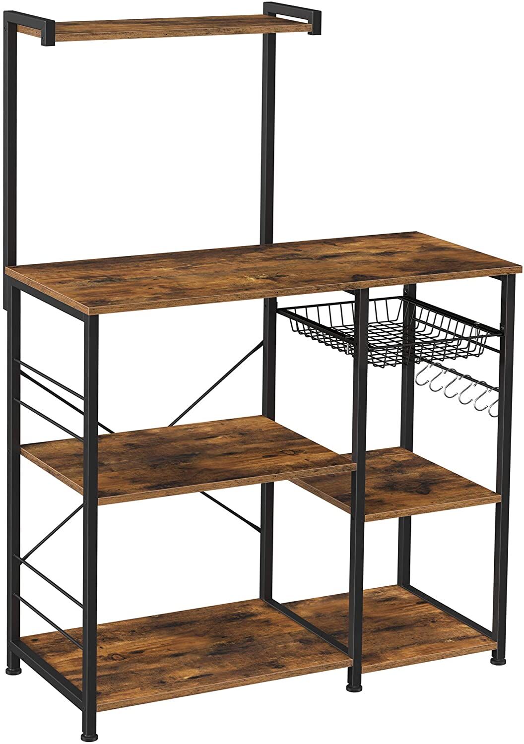 Kithcen Baker's Rack with Shelves Microwave Stand with Wire Basket and 6 S-Hooks Rustic Brown Kithcen Baker's Rack with Shelves Microwave Stand with Wire Basket and 6 S-Hooks Rustic Brown