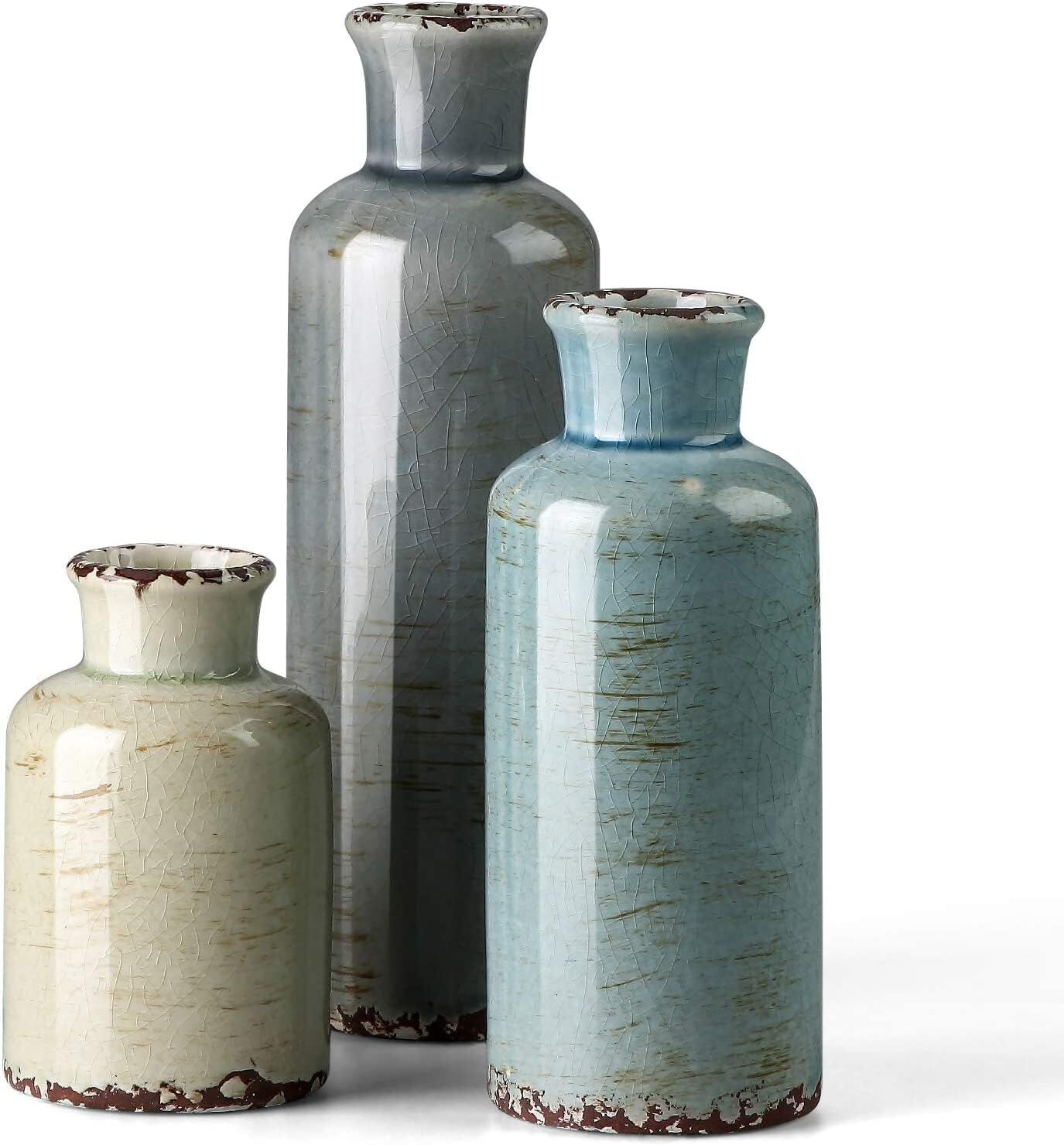Ceramic Vases Set of 3 Crackled Finish Blue Farmhouse for Home D�cor Ceramic Vases Set of 3 Crackled Finish Blue Farmhouse for Home D�cor