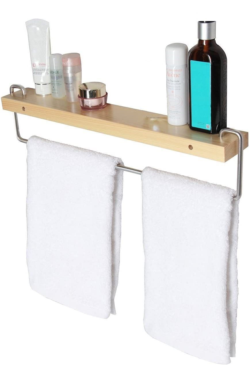 Wall Mount Solid Wood Shelf with Towel Rack Bar Holder Bathroom Organizer Hanger Wall Mount Solid Wood Shelf with Towel Rack Bar Holder Bathroom Organizer Hanger