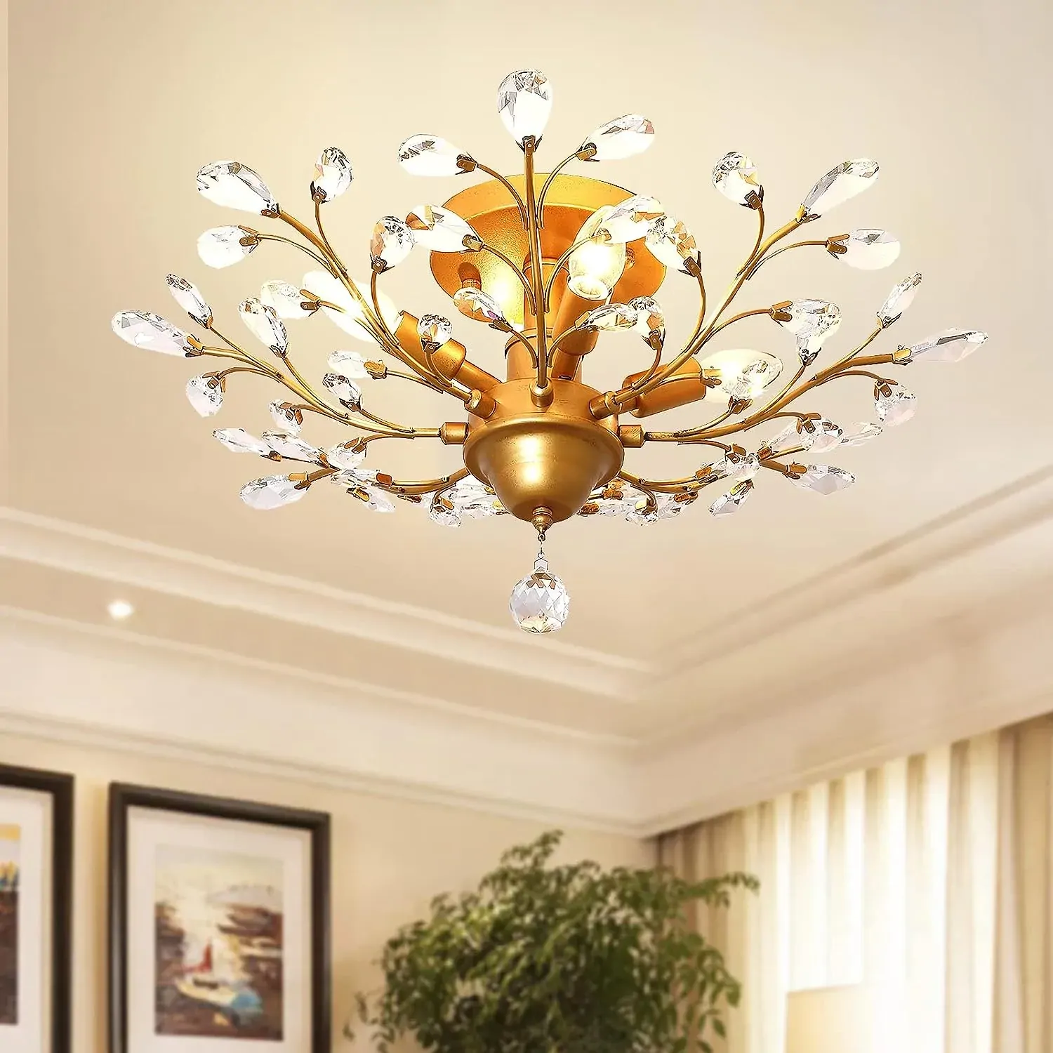 Crystal Chandelier Vintage, 4 Lights, Gold Crystal Chandelier Vintage, 4 Lights, Gold