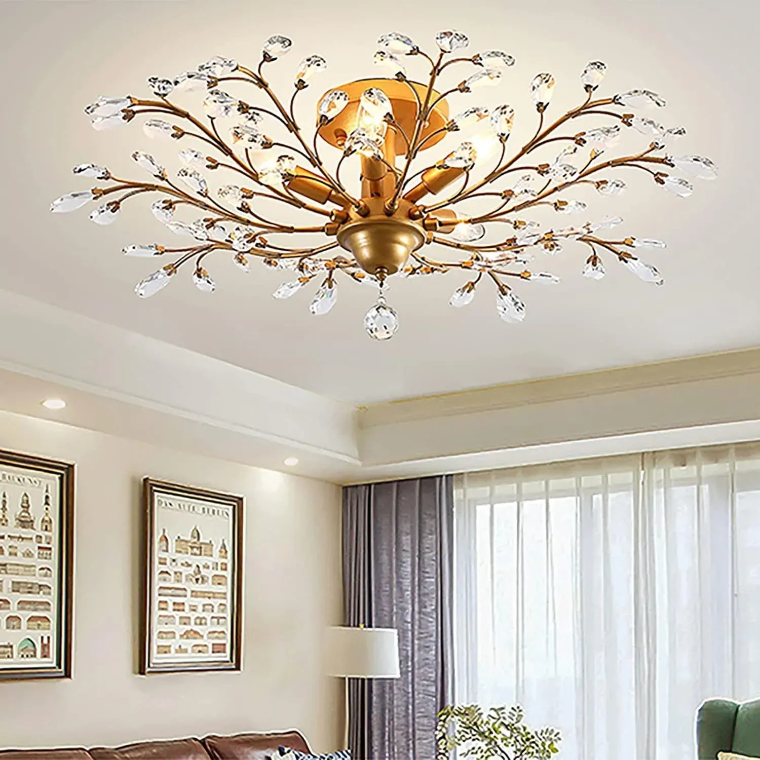 Crystal Chandelier Vintage, 5 Lights, Gold Crystal Chandelier Vintage, 5 Lights, Gold