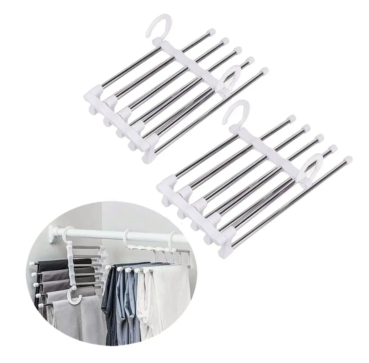 2 Pack Stainless Steel Adjustable 5 in 1 Pants Hangers Non-Slip Space Saving for Home Storage 2 Pack Stainless Steel Adjustable 5 in 1 Pants Hangers Non-Slip Space Saving for Home Storage