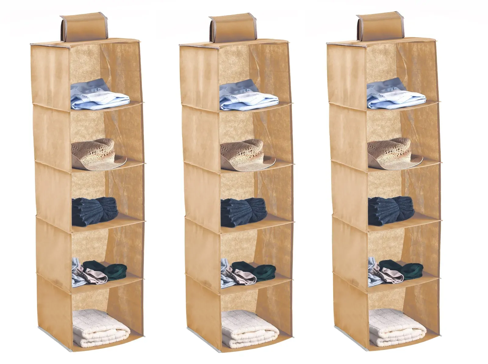 3 Pack 5-Tier Shelf Hanging Closet Organizer and Storage for Clothes (Beige) 3 Pack 5-Tier Shelf Hanging Closet Organizer and Storage for Clothes (Beige)