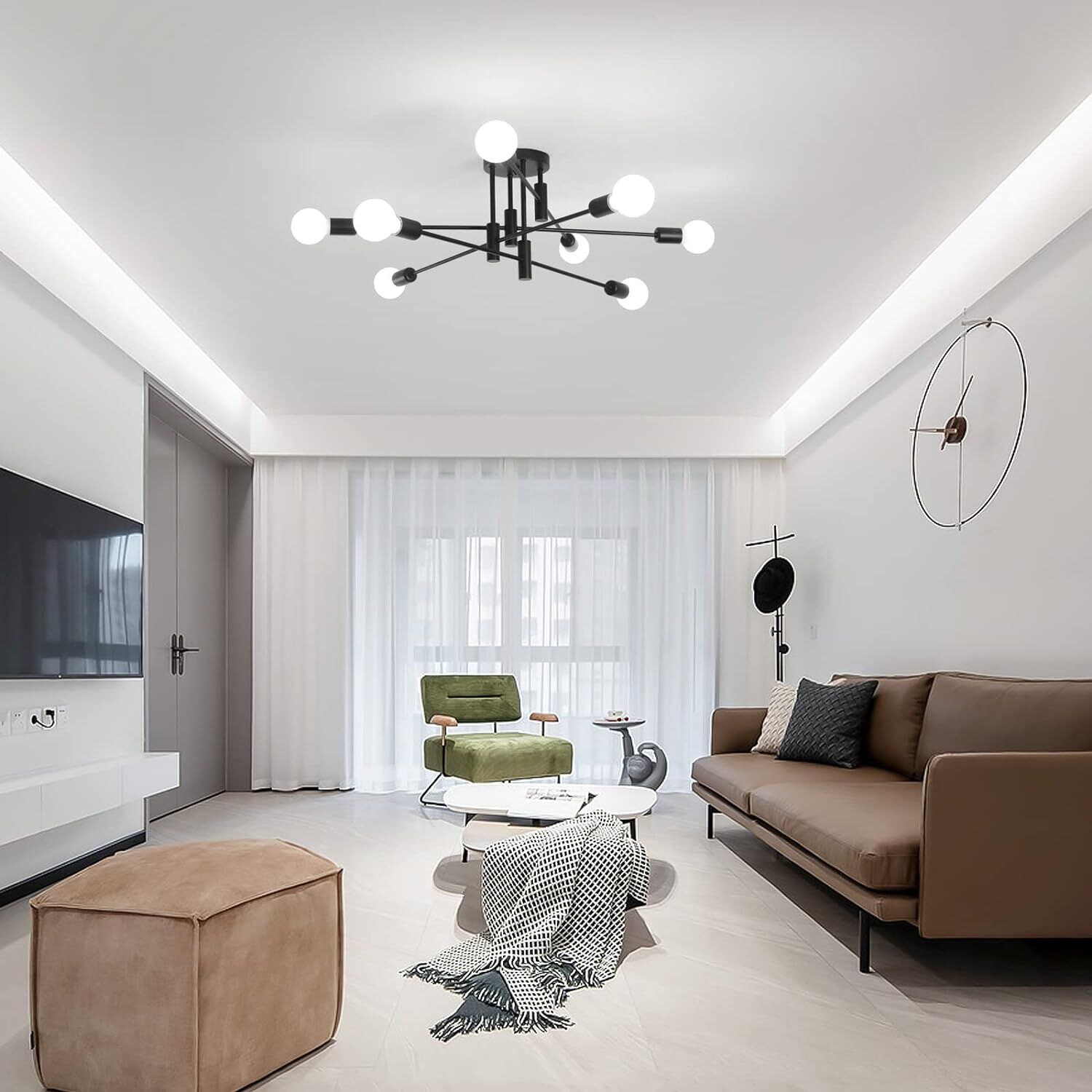 Modern Semi Flush Chandelier, 8 Light, Black Modern Semi Flush Chandelier, 8 Light, Black