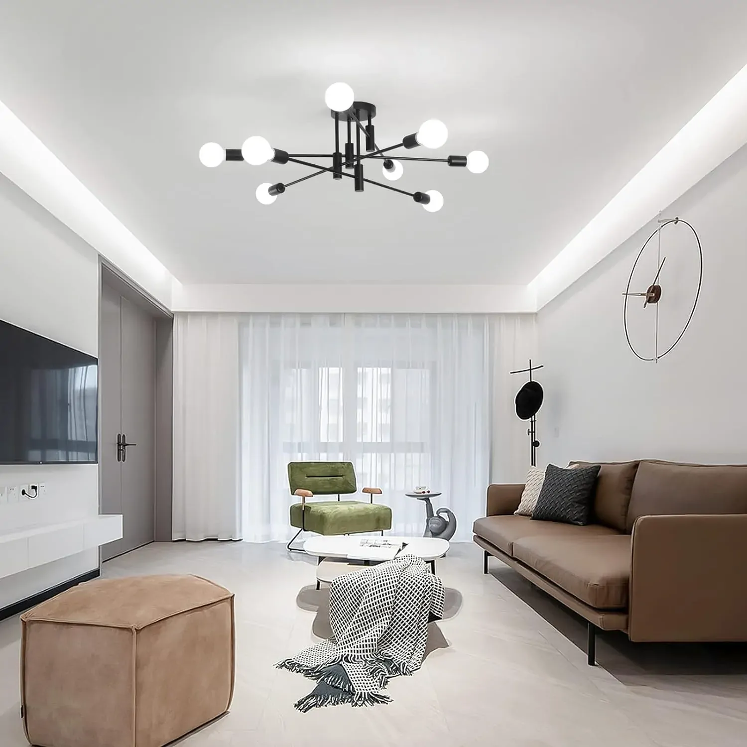 Modern Semi Flush Chandelier, 8 Light, Black Modern Semi Flush Chandelier, 8 Light, Black