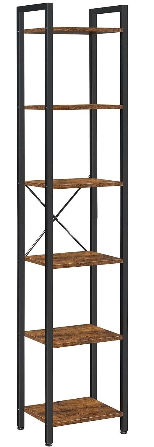 Small 6-Tier Industrial Bookshelf, Rustic Brown, Black Small 6-Tier Industrial Bookshelf, Rustic Brown, Black