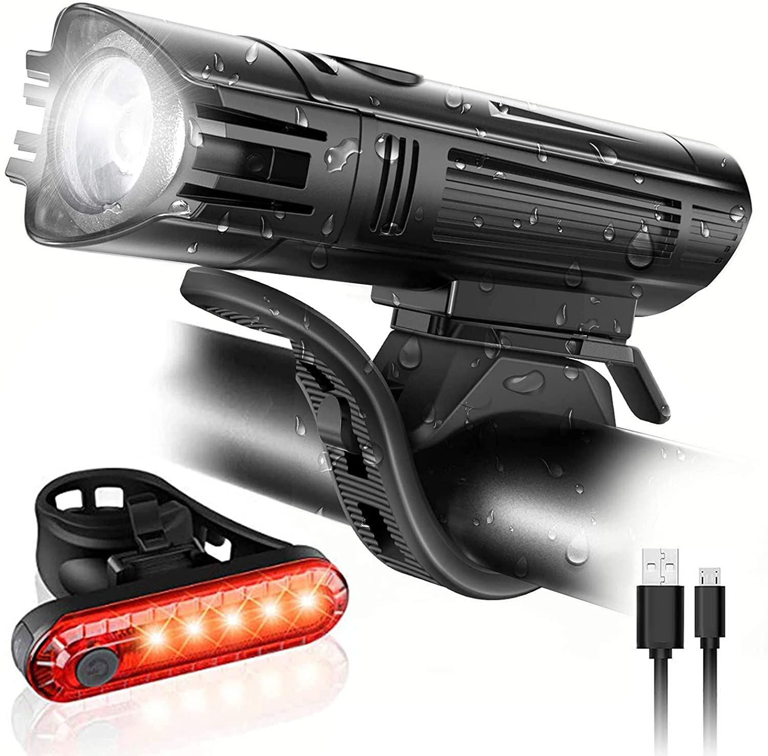 Waterproof Rechargeable LED Bike Lights Set (2000mah Lithium Battery, IPX4, 2 USB Cables) Waterproof Rechargeable LED Bike Lights Set (2000mah Lithium Battery, IPX4, 2 USB Cables)