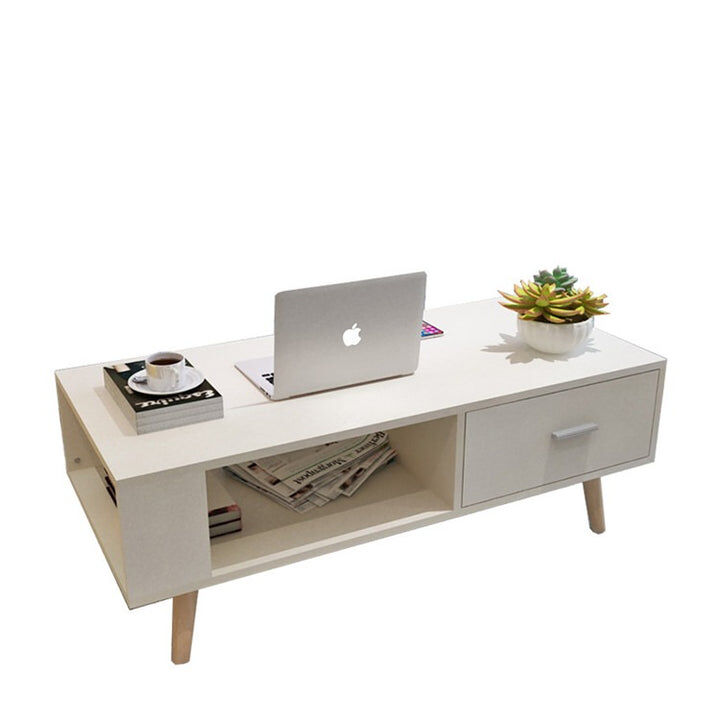 White Coffee Table Storage Drawer & Open Shelf With Wooden Legs White Coffee Table Storage Drawer & Open Shelf With Wooden Legs