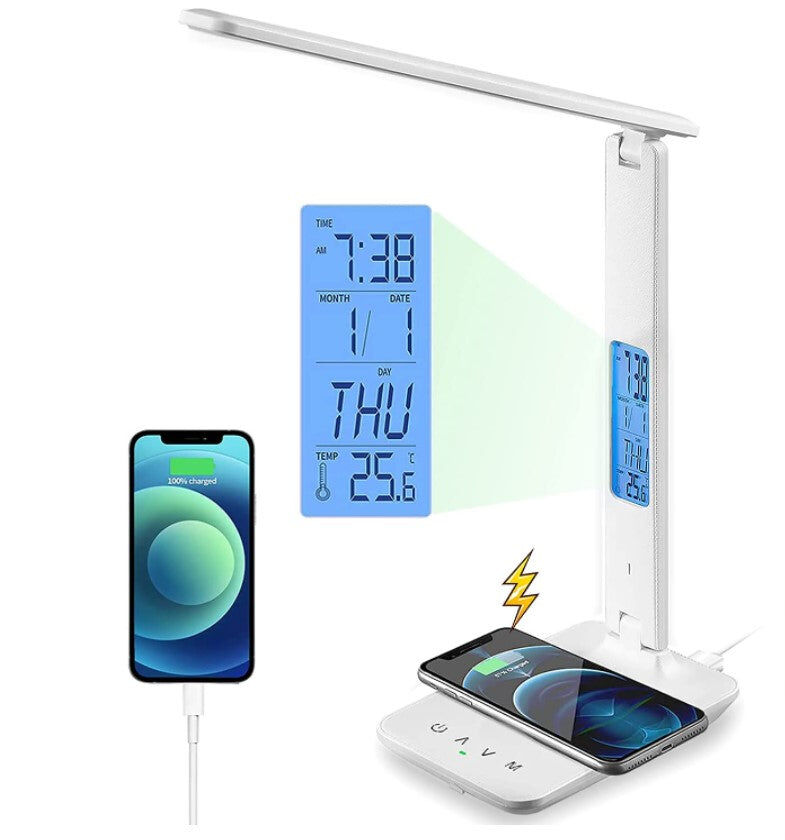 LED Desk Lamp with Fast Wireless Charger Clock Alarm Date Temperature LED Desk Lamp with Fast Wireless Charger Clock Alarm Date Temperature