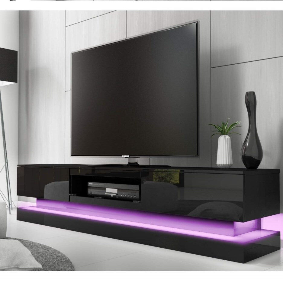 Northenden Modern High Gloss LED RGB TV Entertainment Unit with Storage 220cm - Black Northenden Modern High Gloss LED RGB TV Entertainment Unit with Storage 220cm - Black