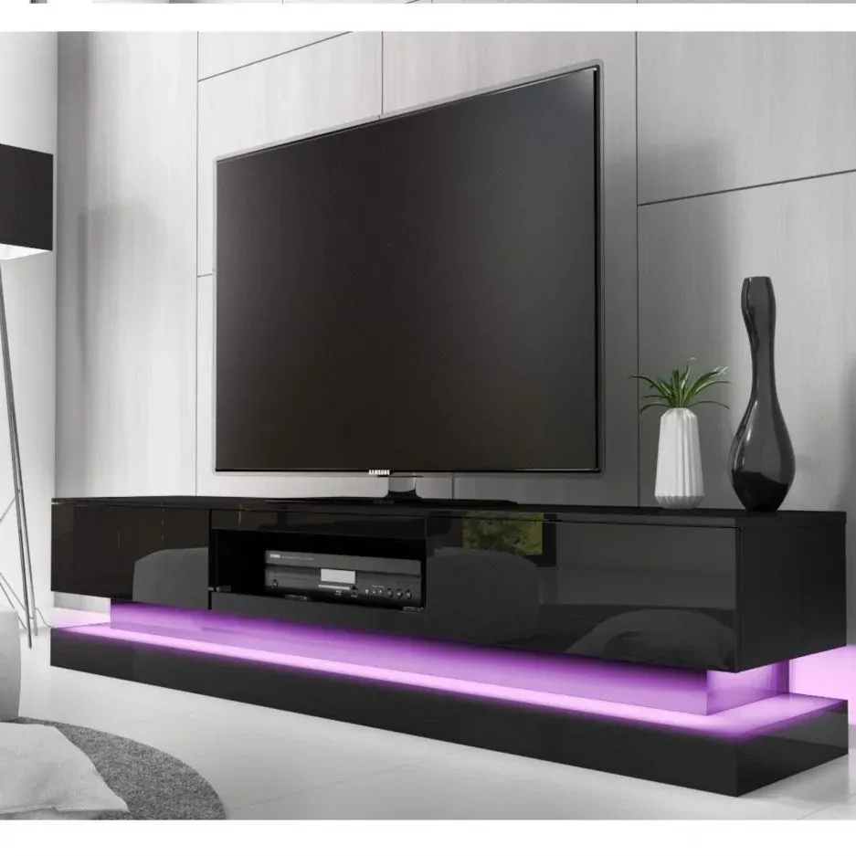 Northenden Modern High Gloss LED RGB TV Entertainment Unit with Storage 220cm - Black Northenden Modern High Gloss LED RGB TV Entertainment Unit with Storage 220cm - Black