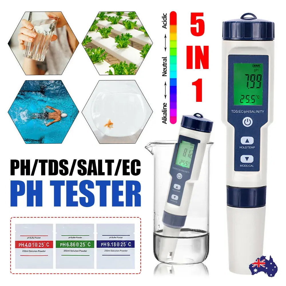 5-IN-1 Digital Water Quality Tester Waterproof pH TDS EC Temperature Meter Pool 5-IN-1 Digital Water Quality Tester Waterproof pH TDS EC Temperature Meter Pool