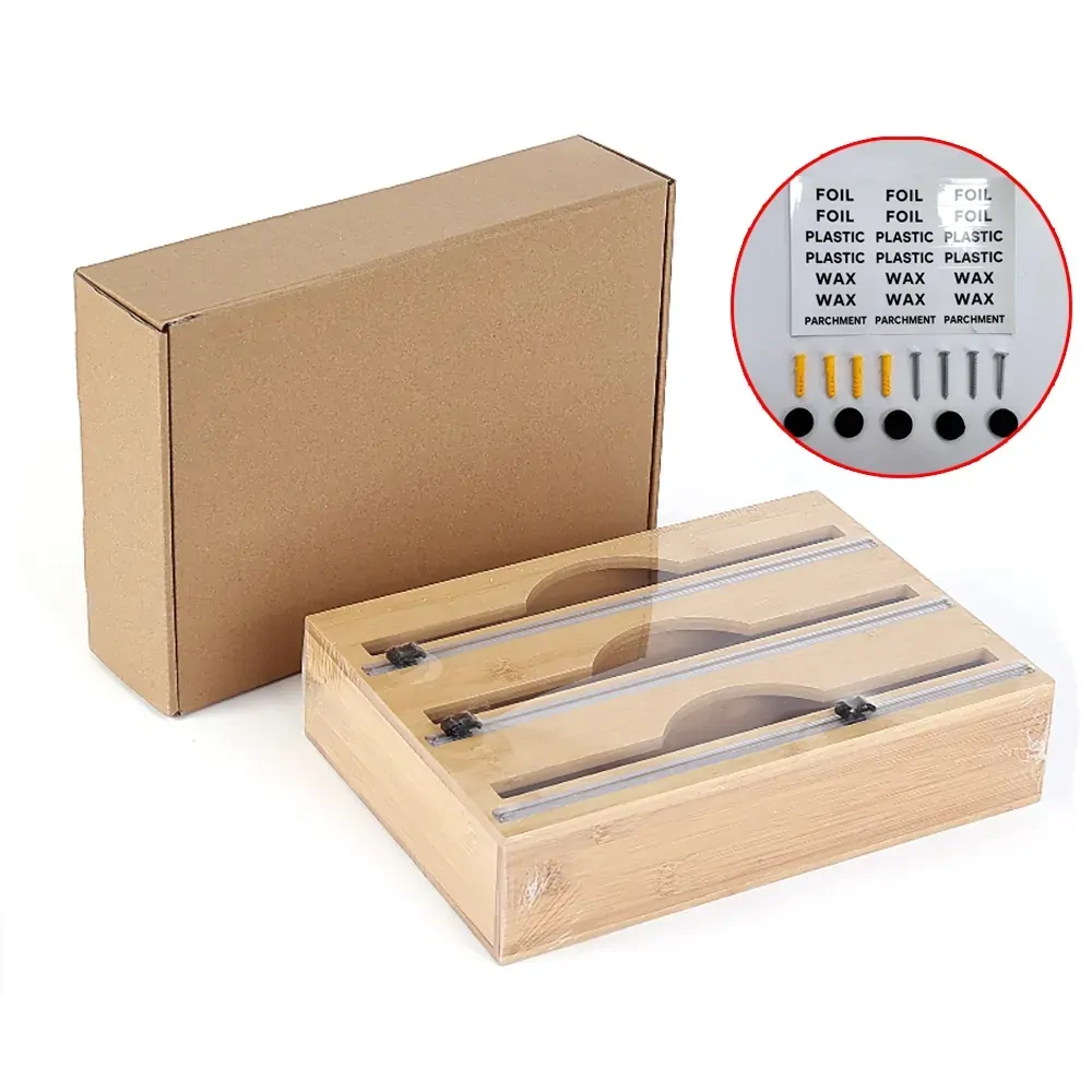 3 Grids Bamboo Food Wrap Dispenser Cutter Foil Cling Film Storage Holder Box Kitchen 3 Grids Bamboo Food Wrap Dispenser Cutter Foil Cling Film Storage Holder Box Kitchen