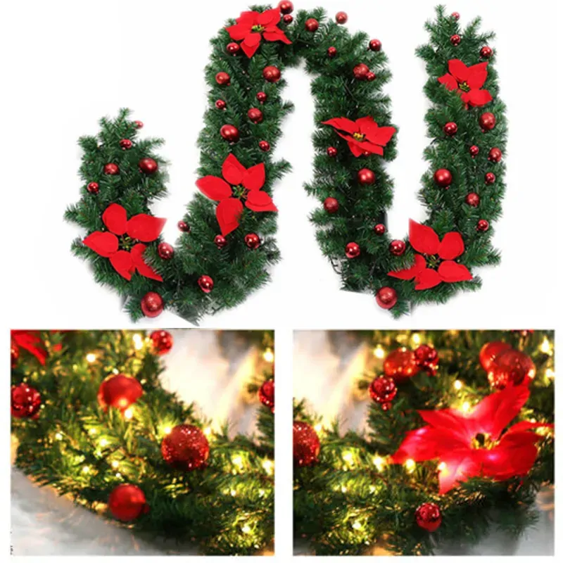 9FT Red Christmas Garland with LED Light Xmas Artificial Wreath Stairs Rattan Decor 9FT Red Christmas Garland with LED Light Xmas Artificial Wreath Stairs Rattan Decor