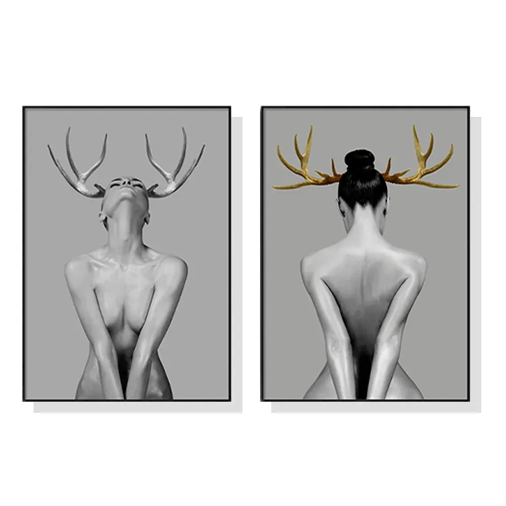 Wall Art 100cmx150cm Girl With Gold Horn 2 Sets Black Frame Canvas Wall Art 100cmx150cm Girl With Gold Horn 2 Sets Black Frame Canvas
