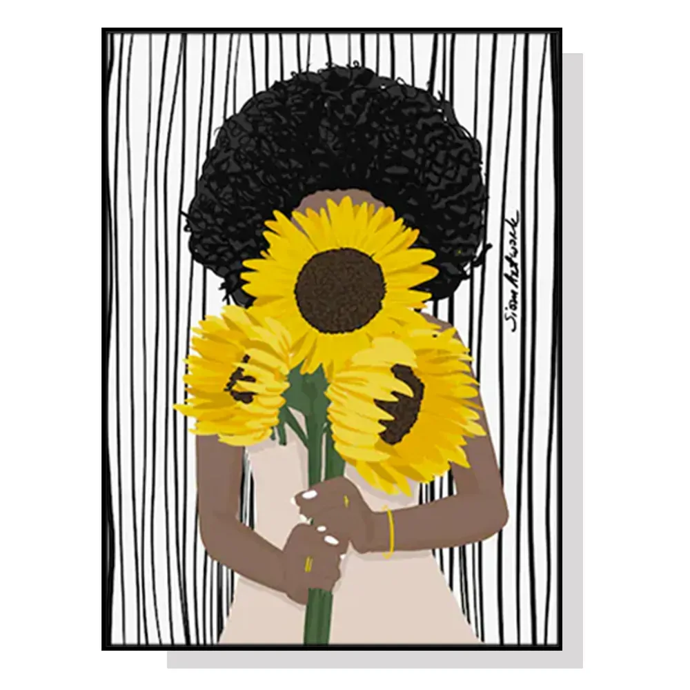 Wall Art 90cmx135cm African Woman Sunflower Black Frame Canvas Wall Art 90cmx135cm African Woman Sunflower Black Frame Canvas