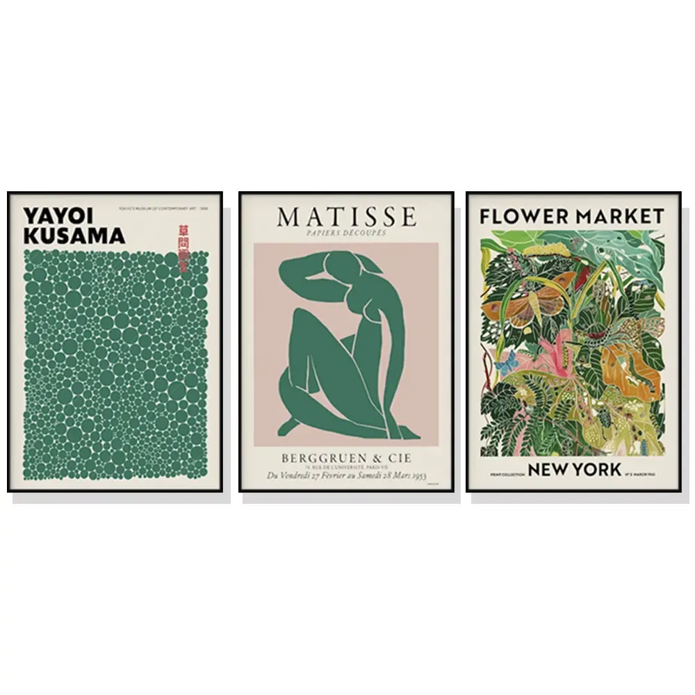 Wall Art 100cmx150cm Flower Market, Matisse Print, Yayoi Kusama 3 Sets Black Frame Canvas Wall Art 100cmx150cm Flower Market, Matisse Print, Yayoi Kusama 3 Sets Black Frame Canvas