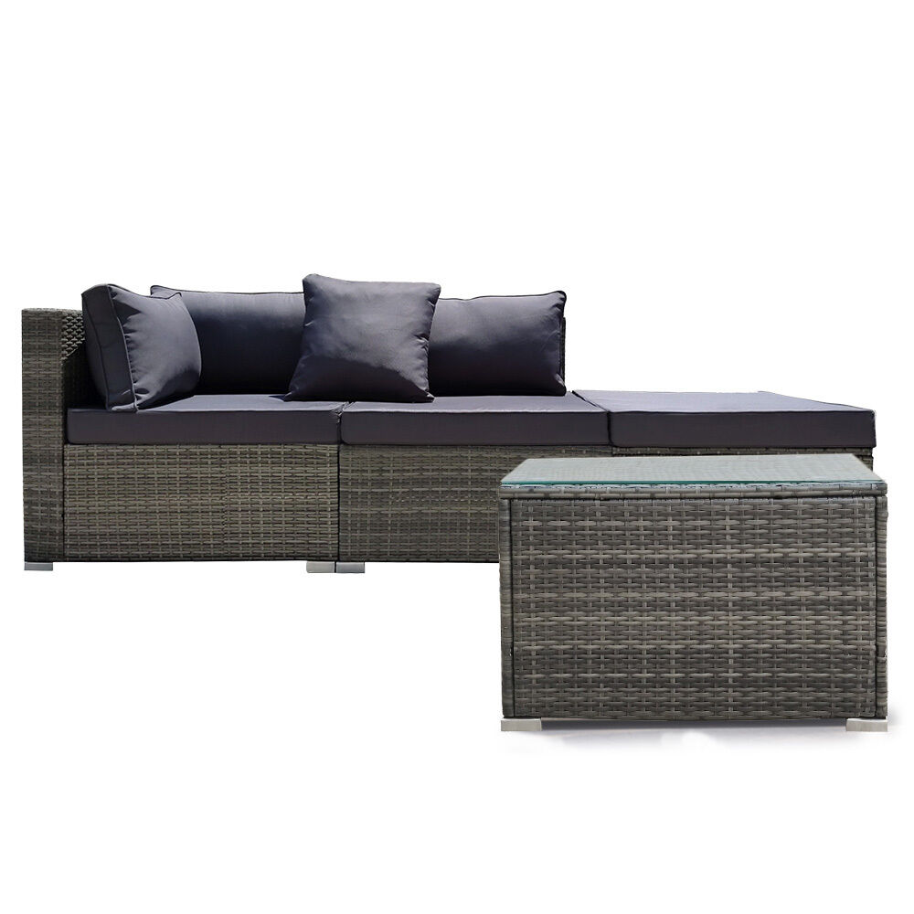 LONDON RATTAN 4 Piece 3 Seater Modular Outdoor Lounge Setting incl. Coffee Table, Ottoman, Grey LONDON RATTAN 4 Piece 3 Seater Modular Outdoor Lounge Setting incl. Coffee Table, Ottoman, Grey