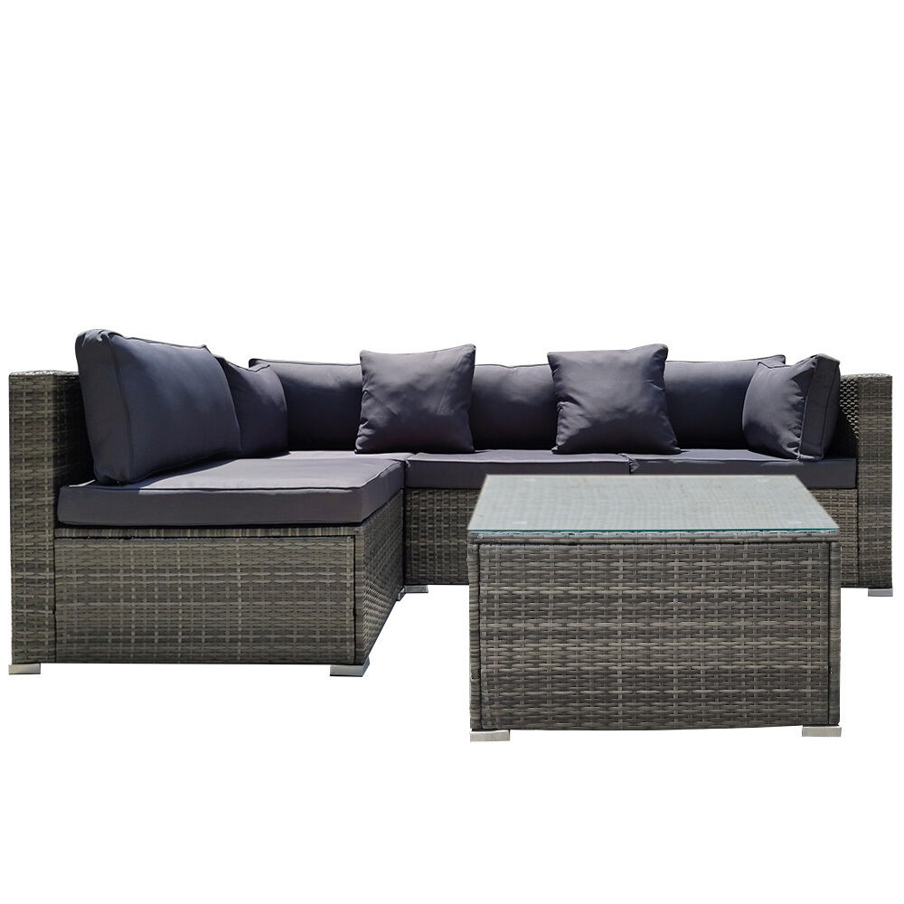 LONDON RATTAN 5 Piece 4 Seater Outdoor Modular Lounge Setting with Coffee Table, Grey LONDON RATTAN 5 Piece 4 Seater Outdoor Modular Lounge Setting with Coffee Table, Grey