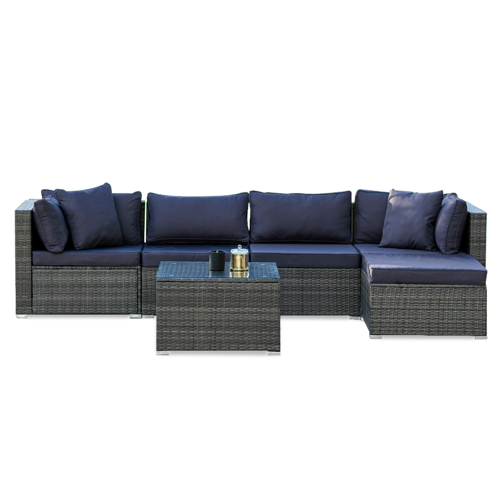 LONDON RATTAN 5 Seater Modular Outdoor Lounge Setting with Coffee Table, Ottoman, Grey LONDON RATTAN 5 Seater Modular Outdoor Lounge Setting with Coffee Table, Ottoman, Grey